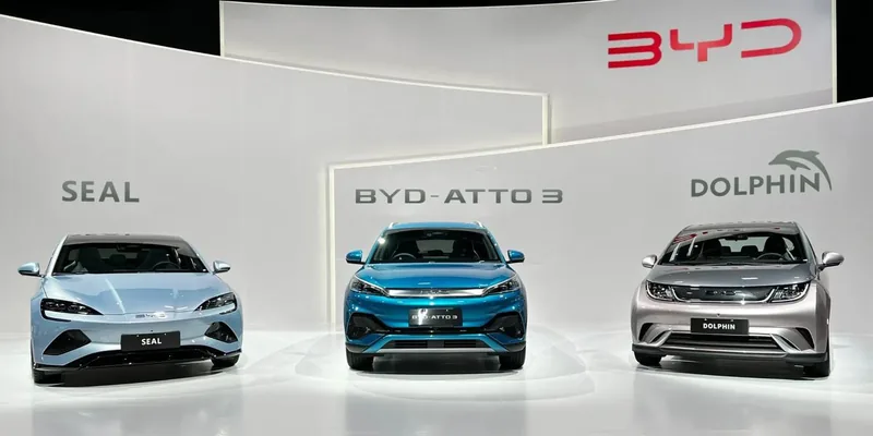 BYD Seal, Atto 3 and Dolphin electric cars on display