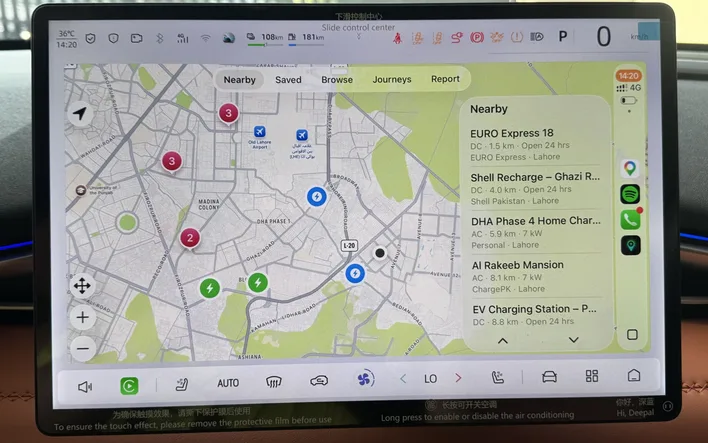 ChargePK running on Apple CarPlay in a Deepal, showing nearby Lahore chargers